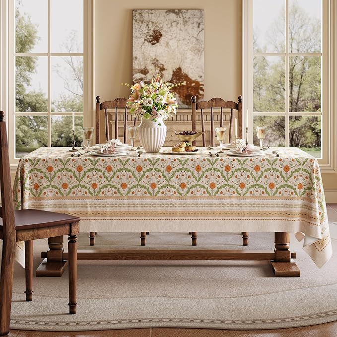 Block Print Thick Linen Table Cloth Square Tables, Waterproof Wipeable Decorative Table Cover for Dining Kitchen Indoor Outdoor, 55" x 55", 2-4 Seats