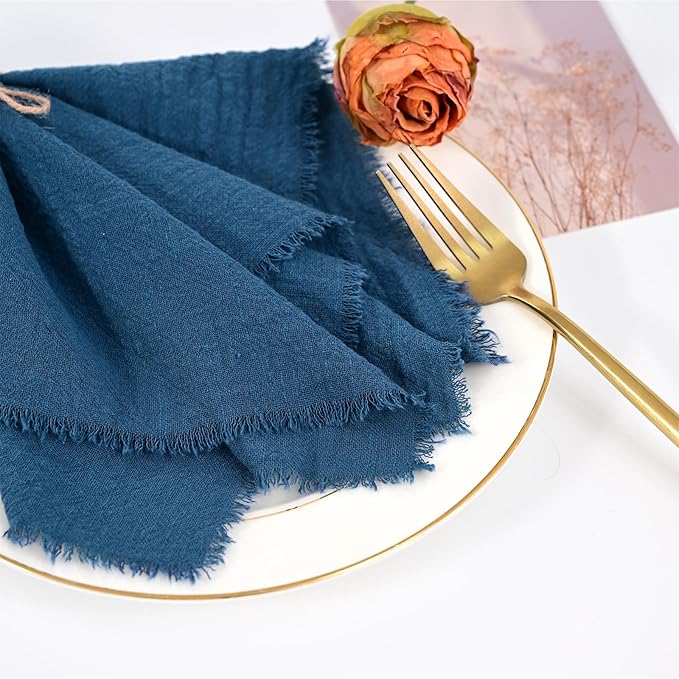 50 Pack Royal Blue Handmade Cloth Napkins 16 x 16 Inch Cotton Linen Napkins with Fringe, Washable and Reusable Napkins, Soft Rustic Boho Fringe Cloth Napkins for Dinners,Parties, Wedding