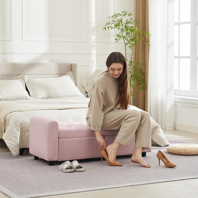 Ottoman with Storage, Tufted Storage Bench for Bedroom, 48" Fabrics End of Bed Bench, Upholstered Entryway Shoe Benches with Rolled Arm & Inner Zipper, Window Ottomans Chest without Rivets, Pink