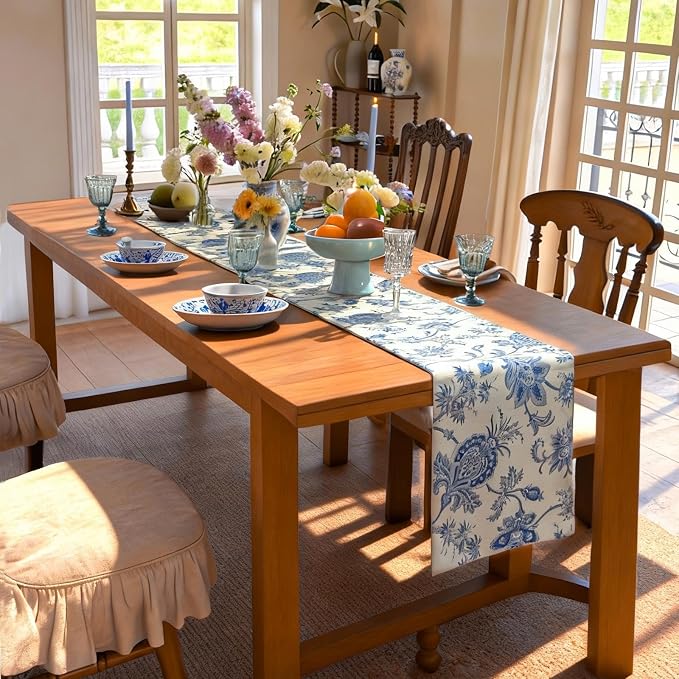 Beige and Blue Table Runner 12x36 Inch, Cotton Polyester Waterproof Seasonal Spring Summer Floral Retro Vintage Table Decoration for Kitchen Dining Home Party Decor