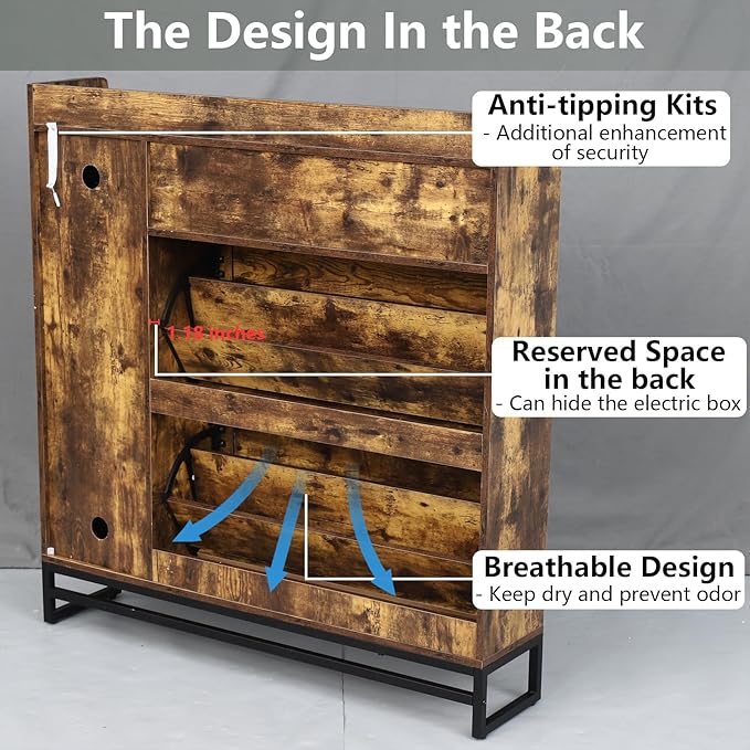 Auromie Rustic Plus: Free Standing Shoe Organizer with 2 Flip Drawers and Adjustable Side Cabinet for Narrow Entryway and Living Room