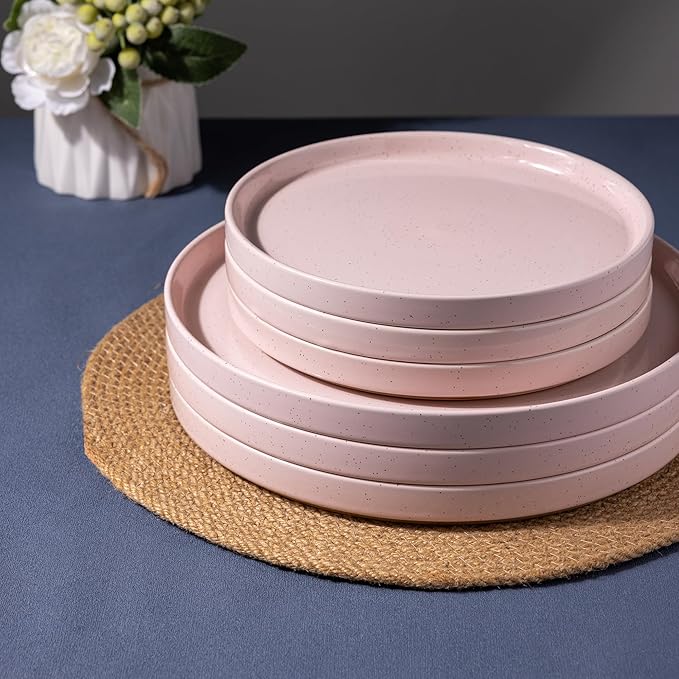 AmorArc Ceramic Dinnerware Set for 4 | Speckled Stoneware Plates and Bowls with unglazed terracotta | Scratch Resistant, Dishwasher & Microwave Safe Dishes Sets- 12-Pcs Pink