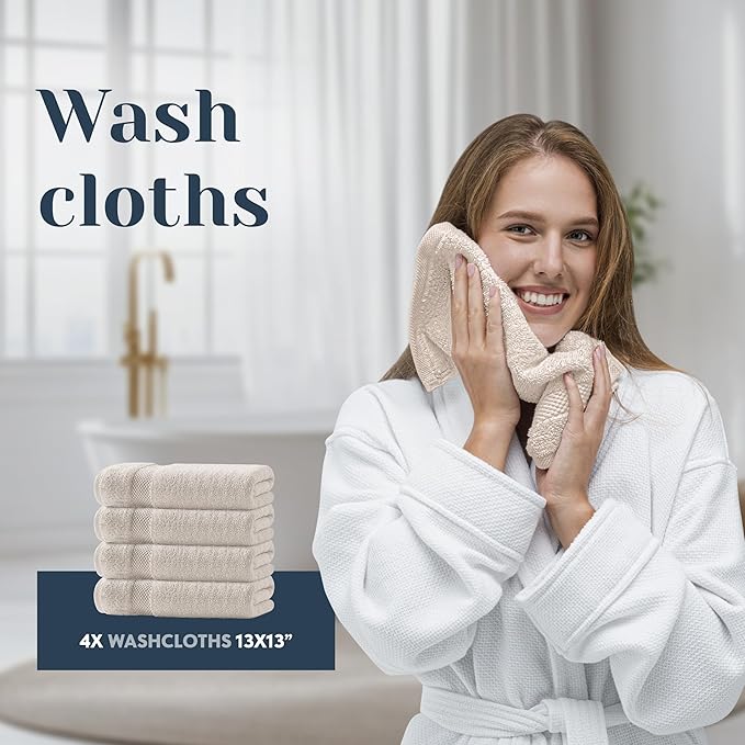 White Classic Luxury Bath Towel Set of 8 Pieces - 100% Turkish Cotton Highly Absorbent Towels for Bathroom, 2 Luxury Bath Towels 700GSM, 2 Hand Towels, 4 Washcloths, Ivory
