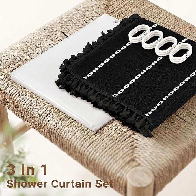 BTTN 3 in 1 Shower Curtain with Liner,78 Inch Long Boho Linen Striped Cloth Shower Curtain Set with Plastic Hook, Tall Farmhouse Bohemian Waterproof Shower Curtain for Bathroom, Black and White, 72x78