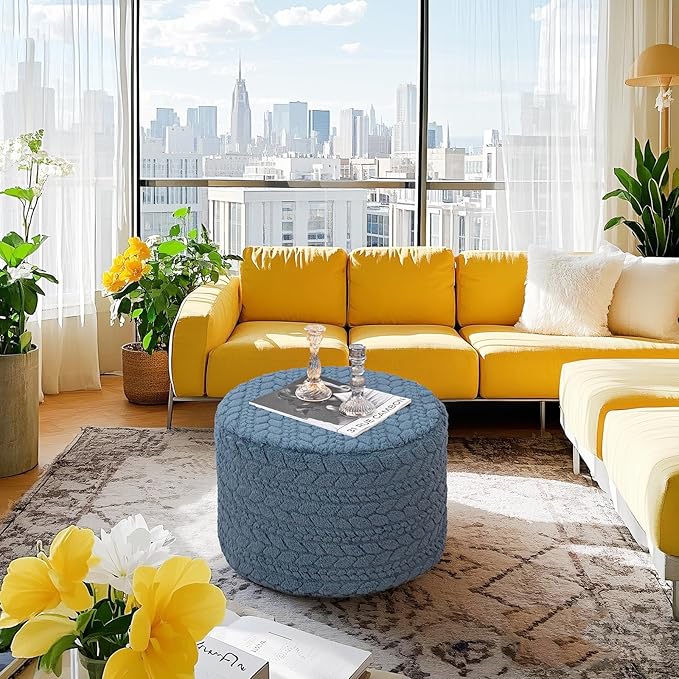 Round Pouf Ottoman 20 x 20 x 14 Inches Boho Poof Home Decor Floor Pouffe Ottoman Foot Rest for Couch Sofa Bean Bag Chairs Living Room Bedroom (Misty Blue)