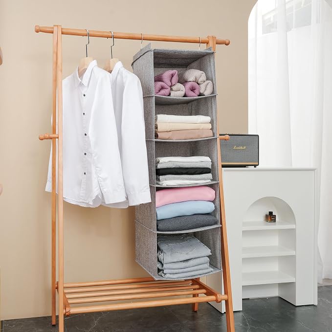 Large Hanging Sweater Organizer for Closet,Collapsible 6-Shelf Hanging Closet Shelves with Drawers, Washable (Grey-5 Shelf)