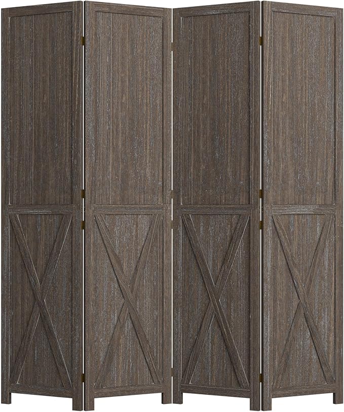 Cozy Castle 4 Panel Folding Room Divider, Solid Wood Privacy Screen, Freestanding Partition Wall, Temporary Wall for Home/Office/Bedroom/Restaurant, Rustic Brown