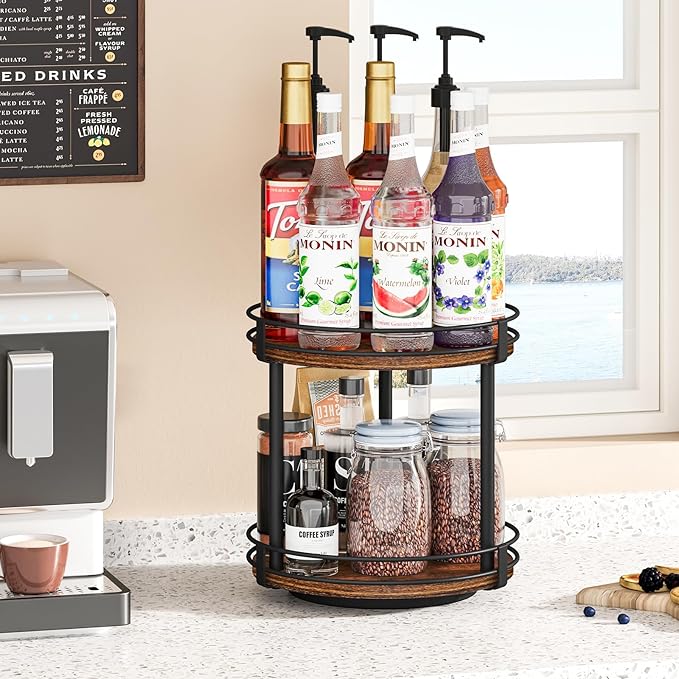 Snughome Rotating Spice Rack, 2 Tier Lazy Susan Organizer, Wood Kitchen Countertop Organizer, Brown Lazy Susan Turntable for Cabinet, 10.2" x 10.2" x 10.4"