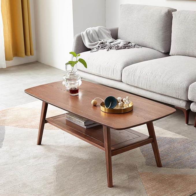 100% Solid Wood Coffee Table for Living Room, Mid Century Modern Small Tables with Shelf Storage, Storage Coffee Table with Rounded Corners (Oak Wood Walnut Color, 47.24" L)