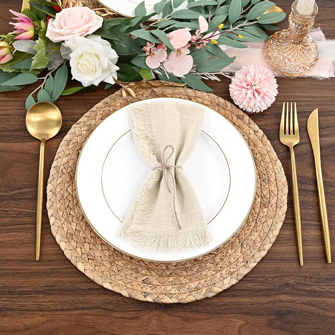 12 Pack Cotton Linen Napkins 16 x 16 Inch Linen Napkins Cloth Handmade with Fringe Soft Cloth Napkins Washable Rustic Dinner Napkins Cloth for Wedding Party Dinner Table(Natural)