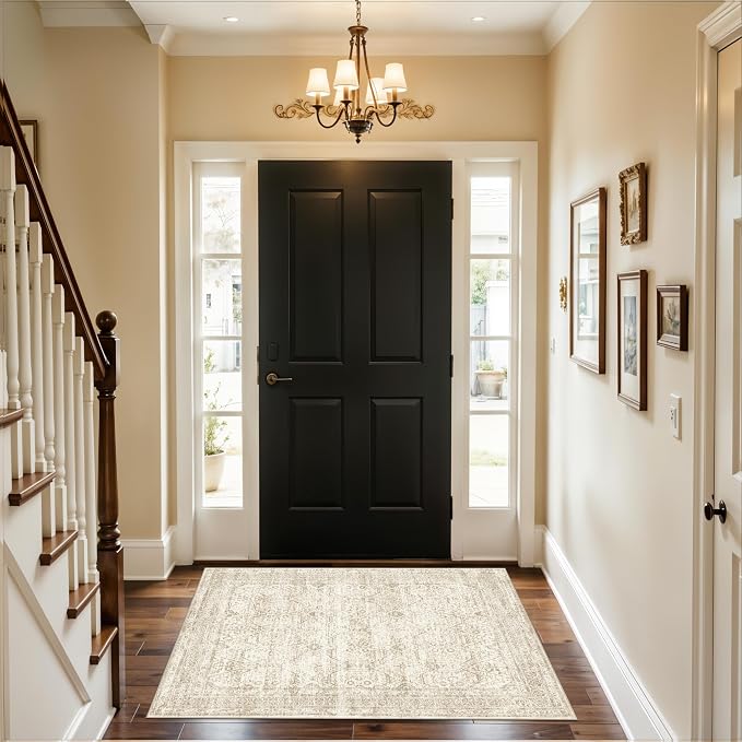 3x4 Rug Entryway Washable: Small Non Slip Front Door Mat with Rubber Backing for Bathroom Kitchen Indoor Entrance, Neutral Boho Low Pile Vintage Area Rug for Bedroom (Beige/Ivory 3ft x 4ft)