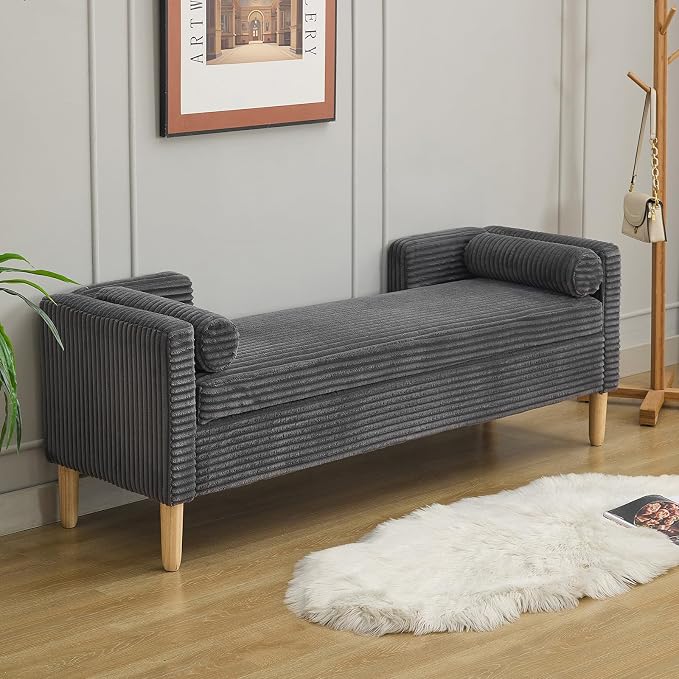 NIOIIKIT 65" Large Storage Ottoman Bench with 2 Pillows, Corduroy Upholstered Entryway Bench with Wood Leg, End of Bed Bench with Straight Armrest, Window Bench for Bedroom, Entryway (Dark Grey)