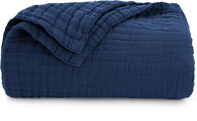 Love's cabin 100% Cotton Muslin Blanket, 6 Layer Lightweight Breathable Gauze Throw Blanket 50 x 60 Inches, Soft All Season Blanket for Couch, Bed, Sofa, Dark Blue