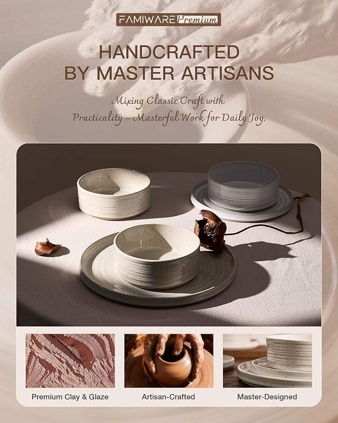 12-Piece Stoneware Dinnerware Set, High Edge Plates & Bowls with Reactive Glaze, Speckles & Spirals, Scratch Resistant Dish, Dishwasher Safe, Modern Rustic, Service for 4, Shell Beige