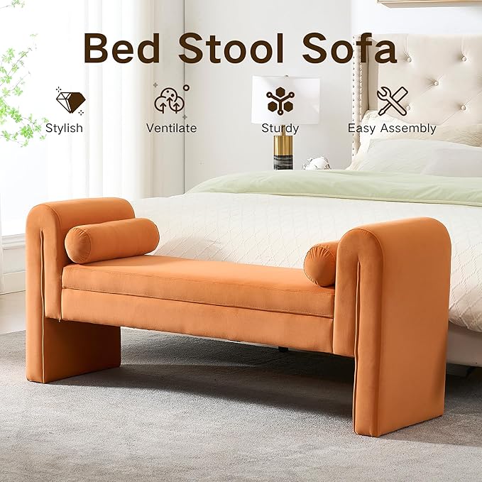 Velvet Bench for Bedroom End of Bed, 60.5- inch Upholstered Button Tufted Ottoman Bench with Rolled Arms, Button-Tufted Ottoman for Living Room, Entryway(Orange)