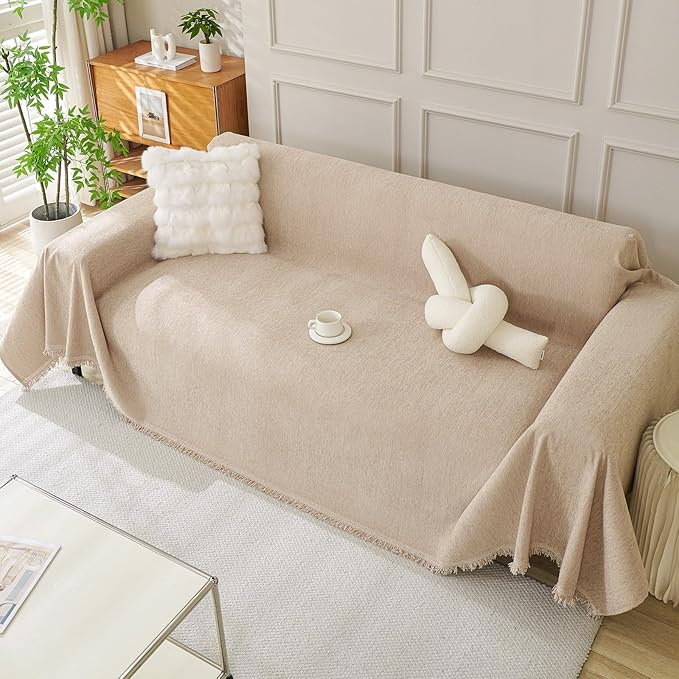 DREAMINGO Sofa Covers Washable Thick Chenille Couch Cover for 3 Cushion Couch Sofa Multi-Use Couch Cover Blanket Modern Pet Furniture Protector Sectional Couch Slipcover 71"x150", Khaki
