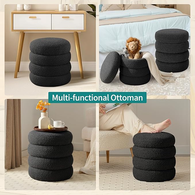 Busaurus Round Ottoman with Storage for Living Room Small Boucle Foot Stool Modern Upholstered Vanity Stool Ottoman Foot Rest for Dorm Corner Home Decor, Set of 2 (Black)