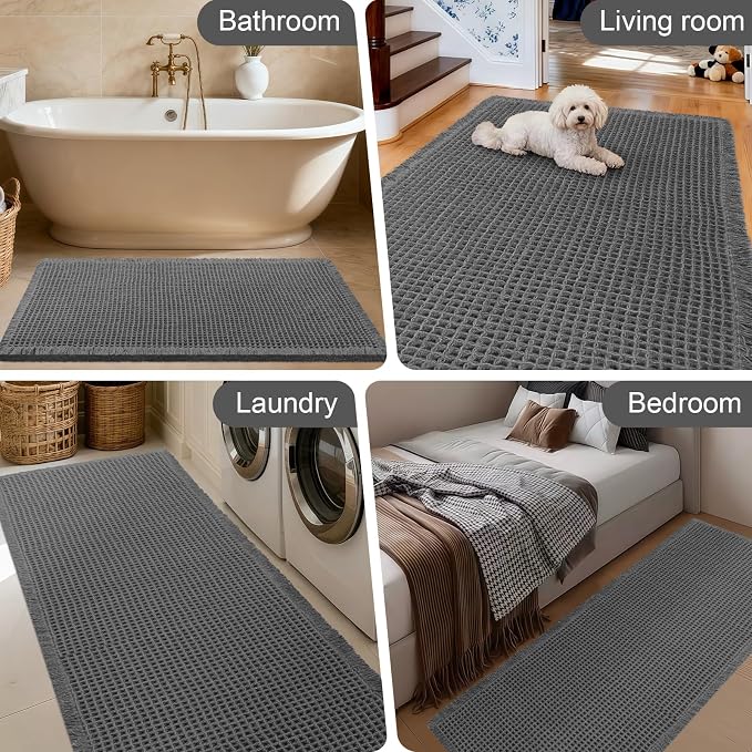 ACCUMTEK Upgraded Waffle Bath Mat, 32"x20" Grey, Super Absorbent Non-Slip Quick Dry Bathroom Rugs with Tassels, Machine Washable Ultra Soft Boho Bath Rugs for Floor, Toilet Mats Boho Farmhouse Decor