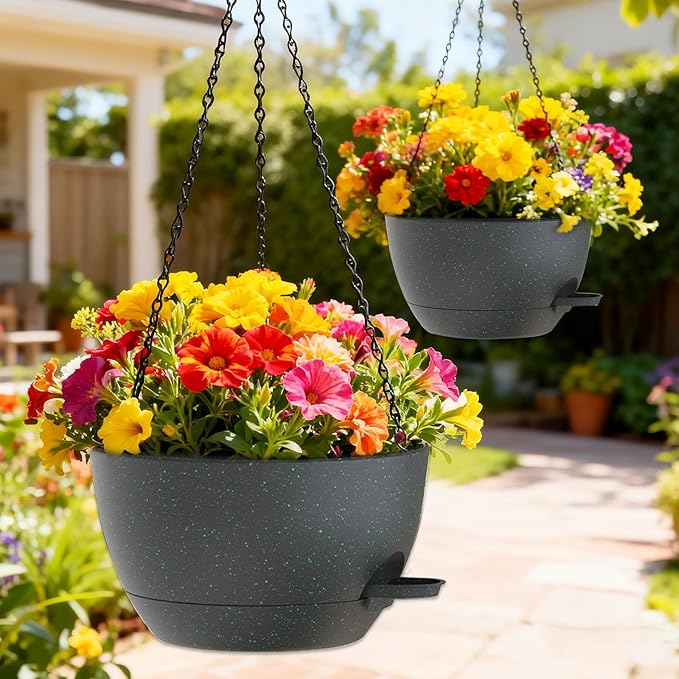 12 Inch Hanging Baskets 2 PC with Chains, Self-Watering Hanging Planters for Indoor Outdoor Plants, Plastic Hanging Flower Pots, Black with Green Speckles