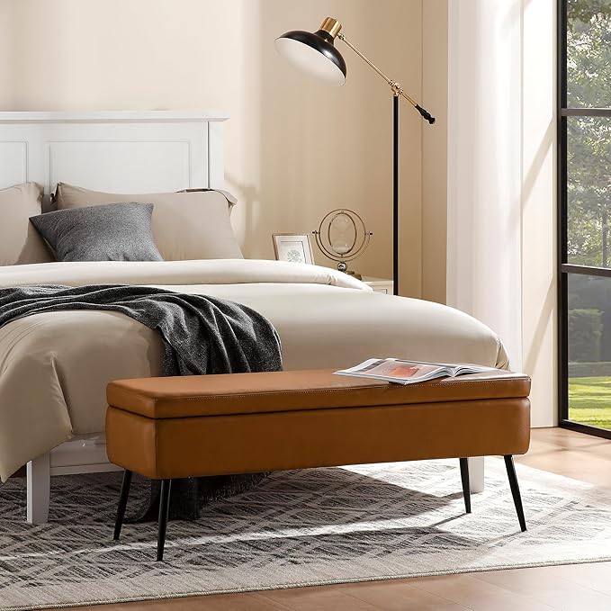 kinmars Leather Storage Ottoman Bench,End of Bed Bench for Living Room Bedroom Dinning Room Entryway,Mid-Century Modern, with Steel Legs,Safety Hinges, Loads 660 lb (Without Button, Brown)