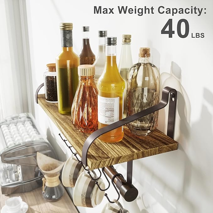 Love-KANKEI Floating Shelf Wall Shelf for Storage Rustic Wood Kitchen Spice Rack with Towel Bar and 8 Removable Hooks for Organize Cooking Utensils or Mugs Carbonized Black/Brown Brackets
