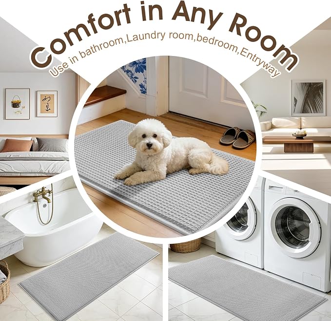 Memory Foam Bath Mat, Ultra Soft Absorbent Waffle Bathroom Rugs, Super Non-Slip PVC Backing Bath Rug Quick Dry, Machine Washable Rug for Tub, Shower, Home Decor Accessory, 24" x 17", Light Gray