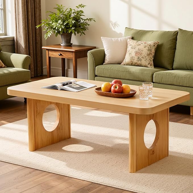 BECHAEO Modern Coffee Table, Solid Pine Wood, 47" Rectangle Center Table for Living Room, Real Wood Legs & Sturdy Base, Minimalist Rustic Coffee Table
