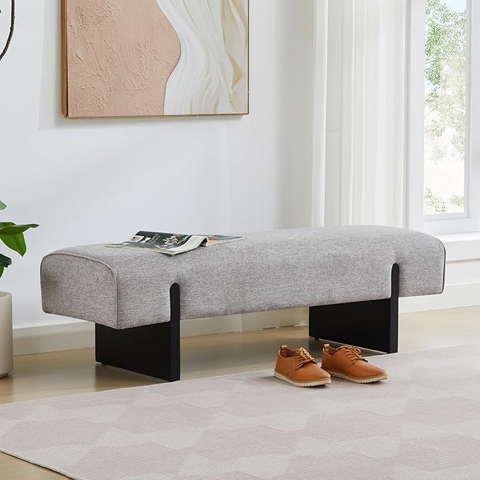 55’’ Upholstered End of Bed Bench, Linen Entryway Bench with Solid Wood Legs, Farmhouse Wooden Dining Room Bench for Bedroom, Living Room, Grey