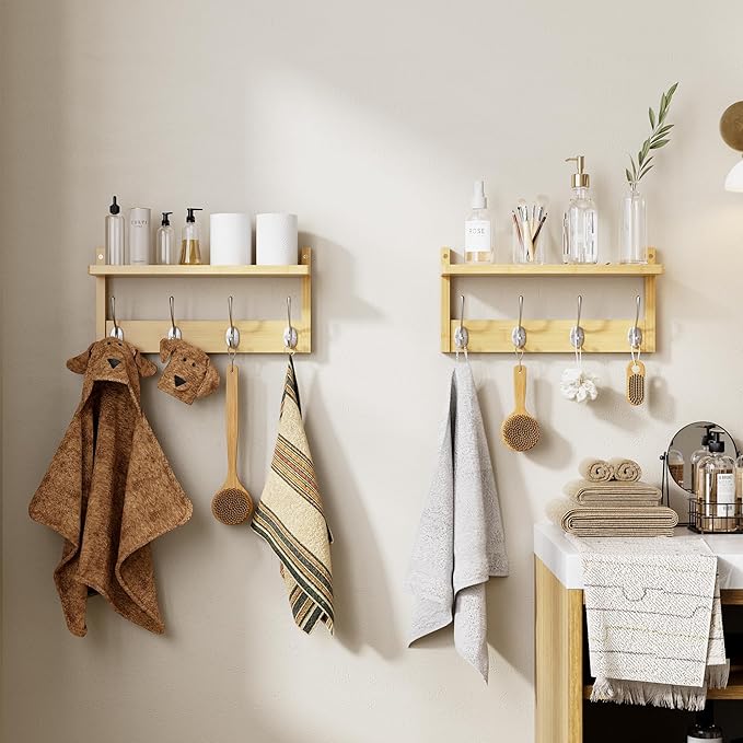 STELLSTAR Coat Rack with Shelf, 2 Pack Bamboo Wall-Mounted Coat Hanger with 8 Hooks for Entryway, Hallway, Kitchen, Bathroom, Living Room, Utility Room (Natural)