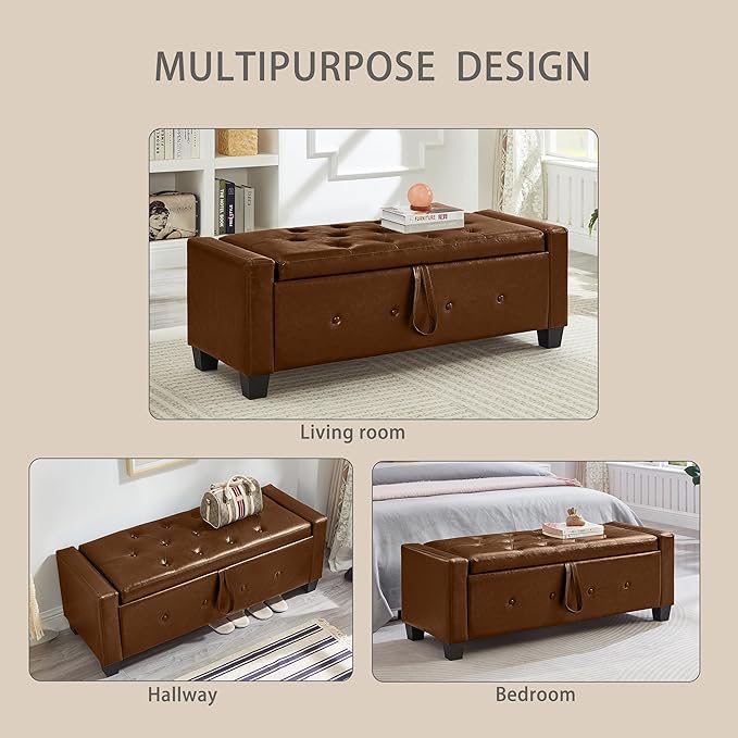 Betoko PU Leather Ottoman Bench with Storage,48" Mid Century Modern Storage Bed Bench for Bedroom,Button Tufted Ottoman Benches with Seating for Living Room,Entryway,Window (PU Brown)