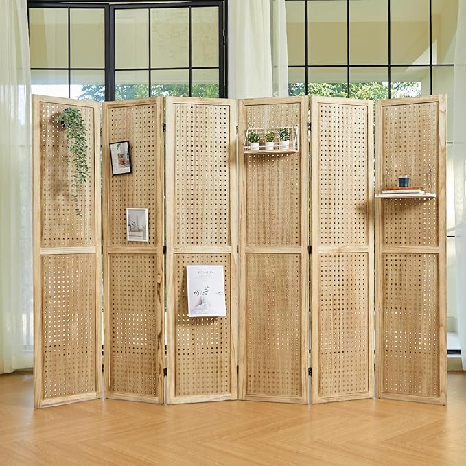 Pegboard Display, 5.6Ft Portable Freestanding Wall Organizer Wooden Room Divider Folding Privacy Screens for Craft Art Display Board (6 Panels, Natural)