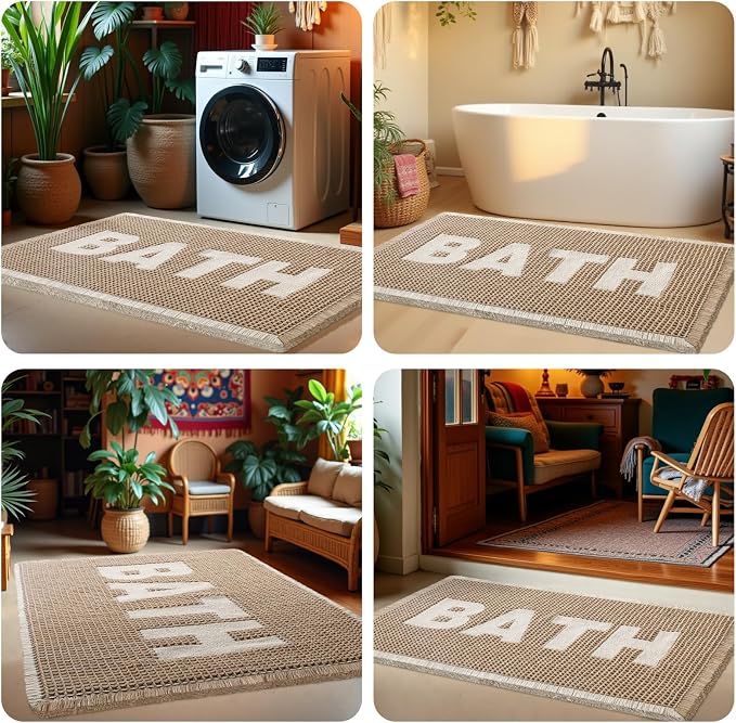 Waffle Bath Mat, Boho Woven Modern Bath Rug Absorbent Non Slip, Ultra Soft Bathroom Mat, Machine Washable Knit Bath Rugs with Bath Letter for Bathroom, Bedroom, Kitchen, Shower, 32"x20", Beige & White