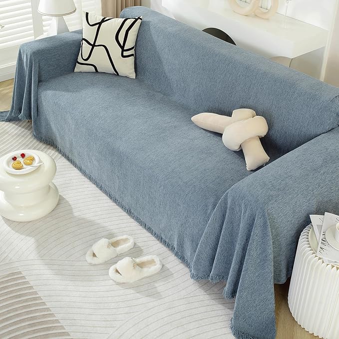 DREAMINGO Modern Minimalism Couch Cover for 3 Cushion Couch Sofa Greyish Blue 3 Seat Sectional Sofa Covers L Shape Couch Cover for Dogs Boho Herringbone Sofa Slipcover, 71"x134"