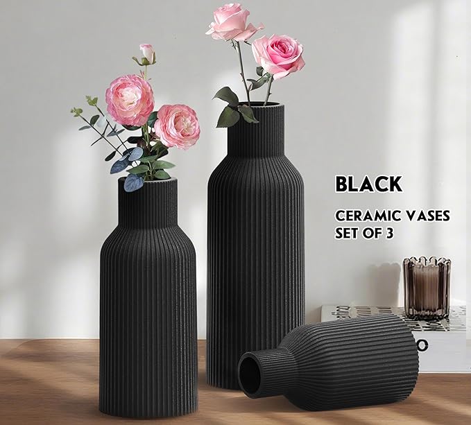 Large Black Tall Ceramic Vase,Smooth 3D Vertical Ribbed, Nordic Minimalist for Pampas, Dried & Fresh Flowers, Home Decor for Living Room, Coffee Table, Bookshelf, Entryway, Farmhouse