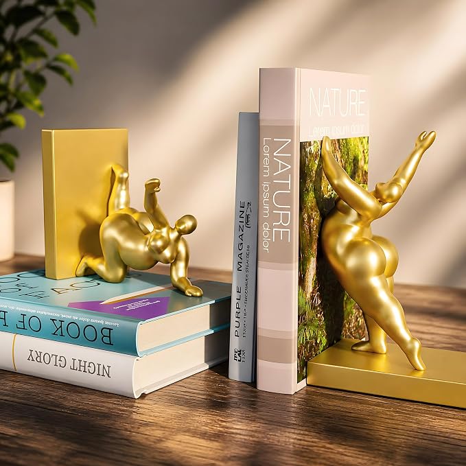 Sculptural Bookends Set of 2, Decorative Modern Bookends with Adjustable Phone & Tablet Holder, Artistic Resin Book Ends for Shelves, Durable Home & Office Decor – Metallic Gold