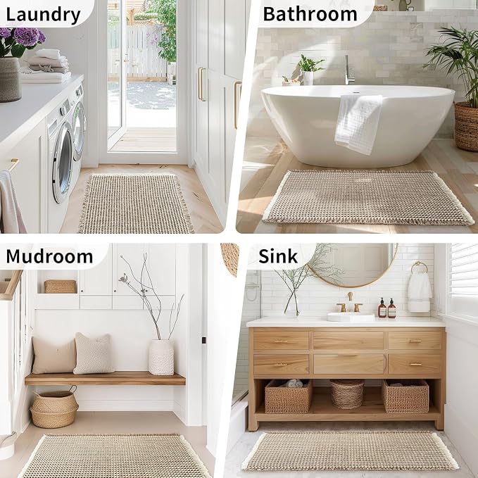 Bathroom Runner Rug Set 2 Piece - Long Waffle Bath Mat for Double Sink, Washable Bathroom Mats Non Slip Absorbent Boho Decor, 18x30 & 24x60, Khaki and White