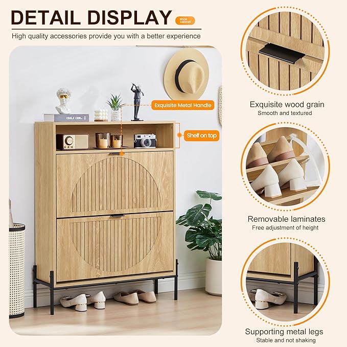 FurSch Fluted Shoe Cabinet with 2 Flip Drawers, Narrow Shoes Storage Organizer Rack with Circle Design Panel for Entryway Hallway (Natural)