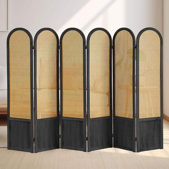 Room Divider 6 Panels, Folding Privacy Screen, Foldable Wood Rattan Room Divider Panel, Portable Partition Screen, Wall Divider for Room Separation Bedroom Home Office Garden Terrace (Black)