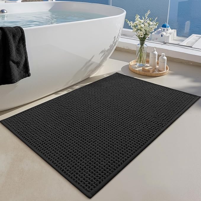 Color&Geometry Rubber Backed Waffle Bath Mat 36x24, Non Slip Water Washable Bathroom Rugs, Soft Absorbent Chenille Boho Carpet for Bathroom Floor, Tub and Shower, Black