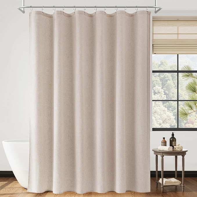 Naturoom Extra Long Linen Shower Curtain 84 Inch Long for Bathroom Shower Curtains Set with Hooks Boho Farmhouse Fabric Neutral Cloth Modern Cottage Core Waterproof,Cream Beige