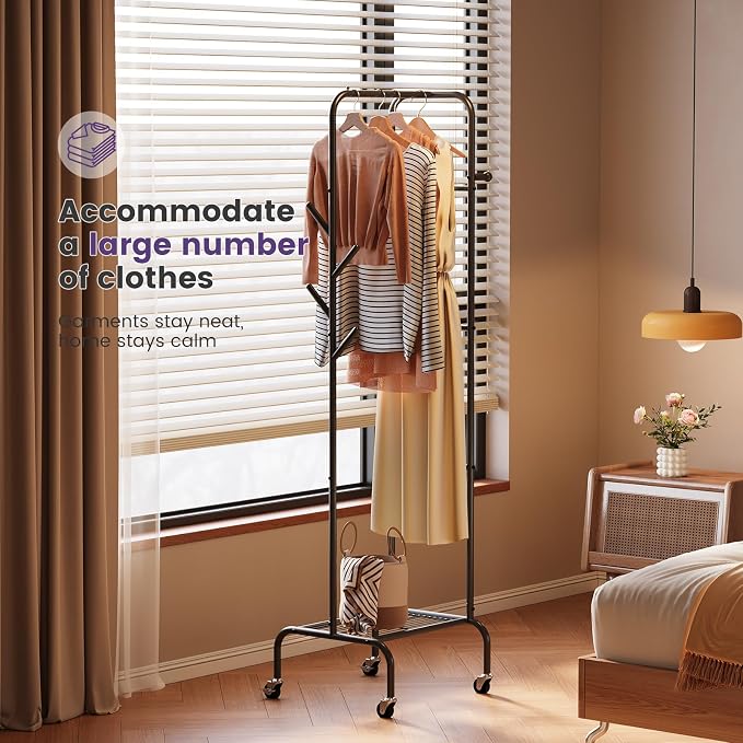 Modern Bamboo Coat Rack, Freestanding with 2 Shelves, 5 Hooks, Rotating Design, Heavy Duty Stand for Entryway, Living Room, 72x24x24 Inches (Black)