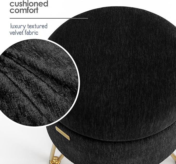 Round Ottoman with Storage, Textured Velvet Storage Ottoman, Foot Stool Ottomans, Makeup Vanity Stool, Small Ottomans Foot Rest, Modern Vanity Stools for Living Room and Bedroom, Black