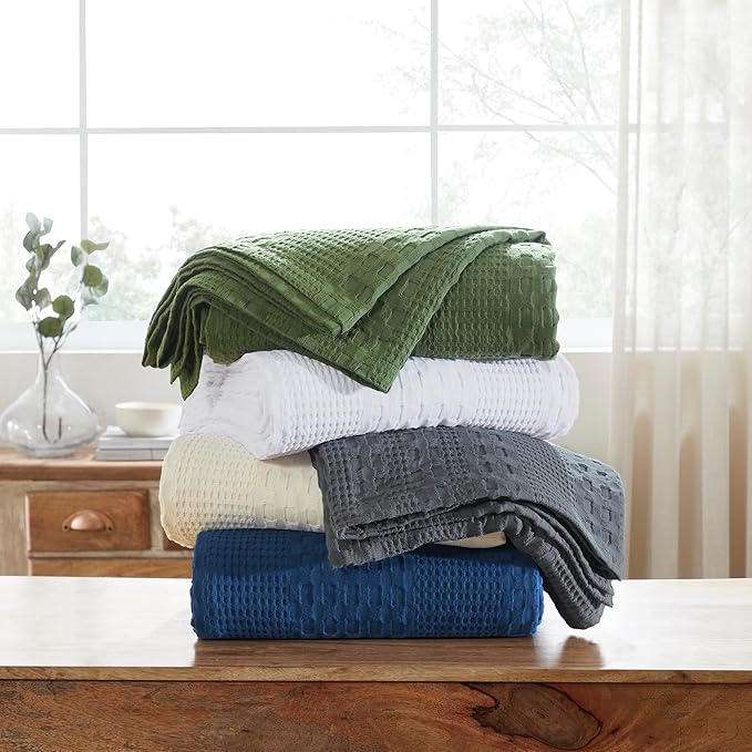 VHC Brands 100% Cotton Waffle Weave Queen Blanket 90"x90", Decorative Lightweight Spring and Summer Throw Blanket, Bedroom Decor for Bed, Couch, or Sofa, Natural