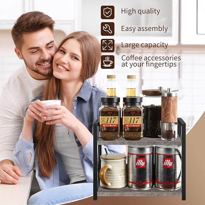 YINMIT Countertop Shelf Organizer,Coffee Bar Accessories,Spice Rack,Coffee Counter Shelf,2 Tier Coffee Organizer Station for Mugs,Cups,Cream,Syrup(Rusti Grey, Small)