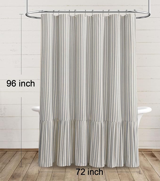 Farmhouse Shower Curtain with Ruffle Hem Linen Shower Curtains for Bathroom Country Vintage Rustic Natural Fabric, Cream-Grey Stripe 72" W x 96" L