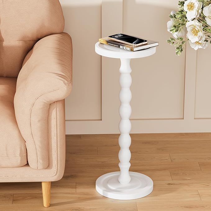 Solid Wood Drink Table, Rubber Wood Small Round Side Table for Small Spaces, Martini Tables, Pedestal End Tables for Living Room, Bedroom, Corners, and Office (White, 9.4 inch)