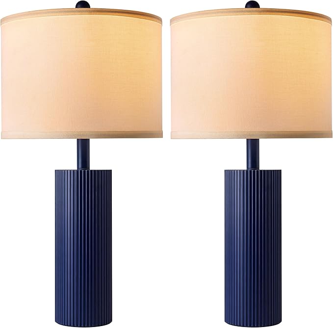 24.5" Blue Table Lamps Set of 2, Modern Living Room Touch Lamps with USB C+A Ports, 2 Bulbs Included, Table Light Fixture for Nightstand, Creative Stripe Bedside Lighting