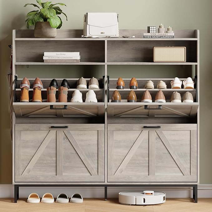 Shoe Cabinet with 4 Flip Drawers, Freestanding Hidden Shoe Storage Organizer for Entryway, Narrow Slim Shoe Rack Cabinet with Open Storage & Hooks for Front Door Entrance, Living Room, Hallway, Grey
