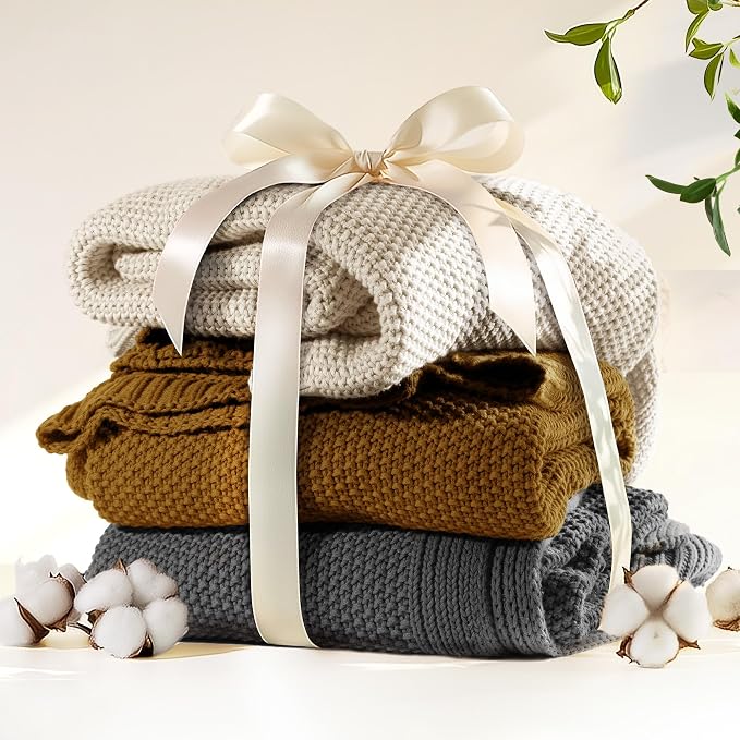 100% Cotton Cable Knit Throw Blanket, Large Lightweight Soft Knit Blanket for Sofa Couch Bed, Breathable All-Season Throw, Cozy Decorative Blanket, 60 x 80 Inch,Mustard