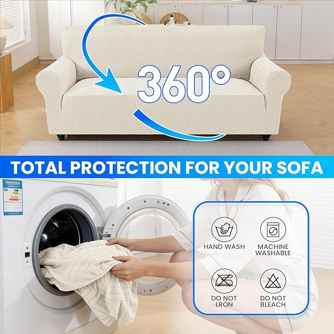 Stretch Sofa Slipcover 1 Piece Couch Sofa Cover,31"-46" Non Slip Soft Couch Sofa Cover Washable Furniture Protector with Non Skid Foam and Elastic Bottom for Kids, Pets,Beige White